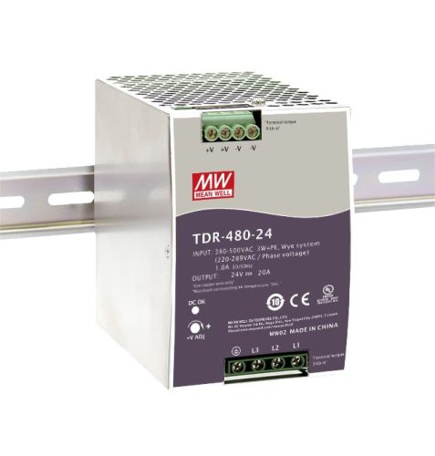 Mean Well TDR-480-24, háromfázisú, DIN sínre szerelhető tápegység, 480W / 24V 